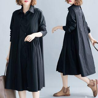 Plain Ruffle Shirtdress Black - F