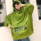 Long Sleeve Hooded Printed Pullover Grass Green - One Size