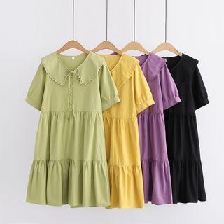 Short-sleeve Lace Trim Collar Midi A-line Dress