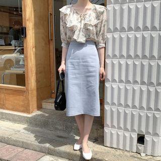 Floral Elbow-sleeve Blouse / Plain Midi A-line Skirt