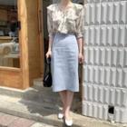 Floral Elbow-sleeve Blouse / Plain Midi A-line Skirt
