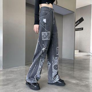 Distressed Paisley Print Straight Leg Jeans