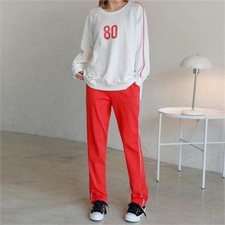 Set: Numbering Sweatshirt + Stripe-trim Sweat Pants