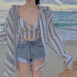 Long-sleeve Striped Shirt / Spaghetti Strap Top