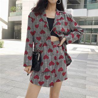 Heart Print Blazer / High Waist A-line Skirt