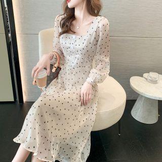 Long-sleeve Square Neck Dotted Midi A-line Dress