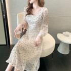 Long-sleeve Square Neck Dotted Midi A-line Dress