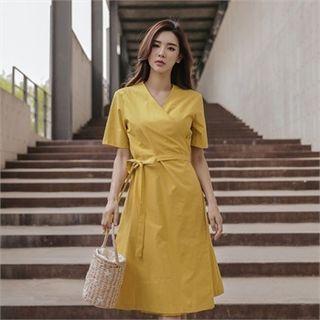 Short-sleeve Cotton Midi Surplice-wrap Dress