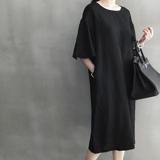 Flare-sleeve Linen Midi Shift Dress
