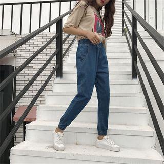Elastic Waist Washed Gathered Cuff Jeans