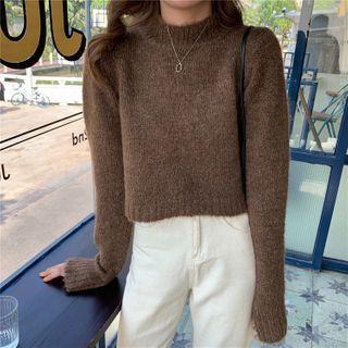 Mock-neck Plain Cropped Sweater