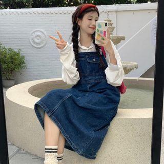 Plain Shirt / Denim Midi Overall Dress
