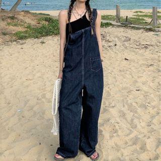 Denim Wide-leg Jumper Pants Dark Blue - One Size
