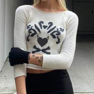 Long Sleeve Printed Knitted Crop Sweater