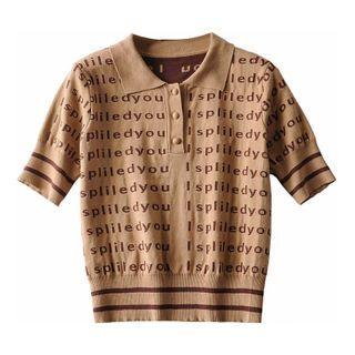 Short-sleeve Lettering Knit Cropped Polo Shirt