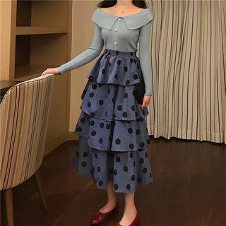 Off-shoulder Long-sleeve Top / Layered A-line Midi Skirt