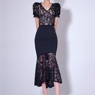 Set: Short-sleeve Lace Crop Top + Midi Mermaid Skirt