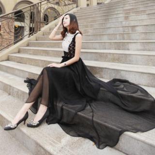 Sleeveless Lace Panel Maxi Chiffon Dress