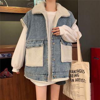 Fleece Panel Denim Vest Light Blue - One Size