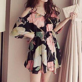 Print Suspender Off-shoulder V-neck Ruffle Short Dress