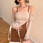 Set: Long-sleeve Off-shoulder Crop Top + Mini Slipdress