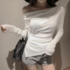 Long-sleeve Skew Neck T-shirt White - One Size