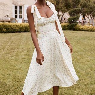 Tie-strap Floral Slit Midi A-line Dress