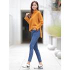 Set: Slit-side Knit Top + Band-waist Slim-fit Jeans