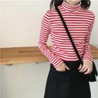 Striped Turtle-neck Slim-fit Long-sleeve Top