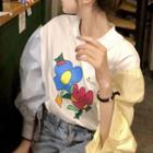 Puff-sleeve Color Block Panel Flower Print T-shirt White & Blue & Yellow - One Size