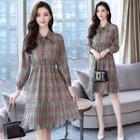 Print Long-sleeve Tie Neck A-line Dress