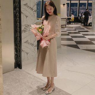 3/4-sleeve Lace Blouse / Midi A-line Overall Dress