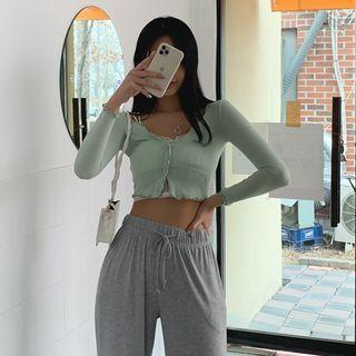 Frill-edge Ribbed Cropped Cardigan