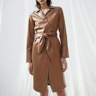 Tie-waist Faux Leather Shirtdress
