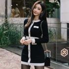 Long-sleeve Mini Knit Dress Black & White - One Size