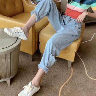 Rainbow-stripe Short-sleeve Top / Distressed Jeans