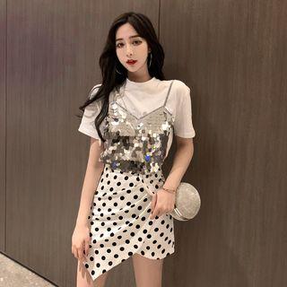 Short-sleeve Sequined T-shirt / Mini Dotted Sheath Skirt