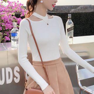 Cut-out Shoulder Long Sleeve Ribbed Knit Top