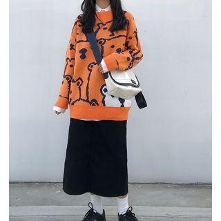Bear Printed Knit Sweater / Plain Skirt