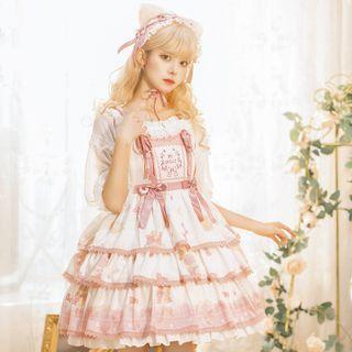 Puff-sleeve Bow Embroidered A-line Layered Dress