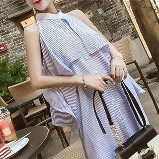 Striped Off-shoulder Single-breasted A-line Dress As Shown In Figure - One Size