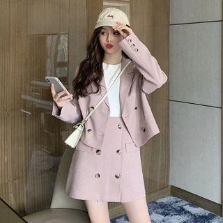 Plain Double-breasted Long-sleeve Blazer / High-waist A-line Skirt