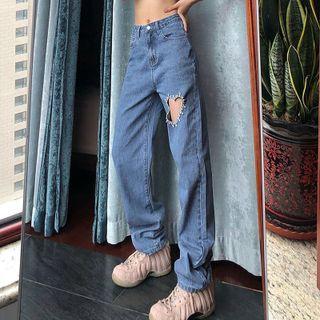 Rhinestone Cut-out Straight Leg Jeans