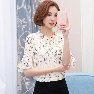 Elbow-sleeve Tie-neck Top