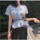 Short-sleeve Striped Tie-waist Top