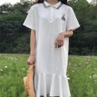 Short-sleeve Rabbit Embroidery Midi Polo Shirt Dress