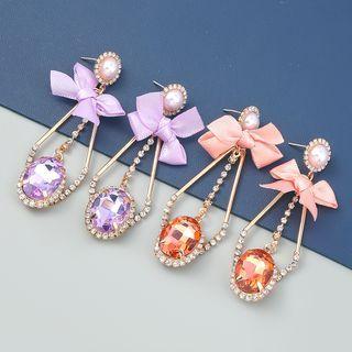 Ribbon Faux Pearl Rhinestone Drop Earring