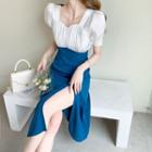 Puff Sleeve Square Neck Two Tone Ruched Slit Chiffon Dress