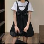 Puff-sleeve T-shirt / Bow Overall Dress