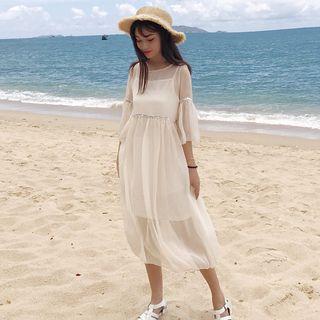 Set: Sequined 3/4 Sleeve Chiffon Dress + Slipdress